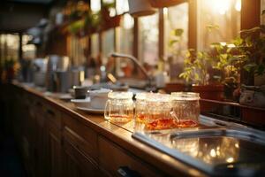 acolhedor manhã situação dentro a cozinha ai gerado foto