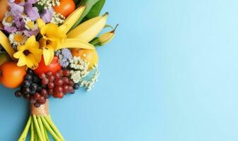 vibrante ramalhete do fresco frutas e delicado flores contra uma tranquilo. ai generativo foto