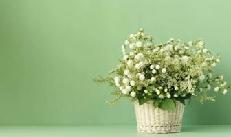 fresco branco floral elegantemente exibido dentro uma trançado cesta. ai generativo foto