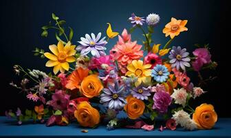 ainda vida do flores vibrante ramalhete do flores silvestres dentro uma vaso em uma mesa. ai generativo foto