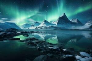 aurora boreal, norte luzes sobre coberto de neve montanhas, norte luzes acima montanhas, ai gerado foto