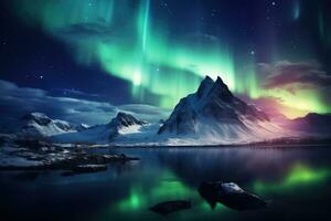 aurora boreal dentro a noite céu sobre a montanha lago, norte luzes acima montanhas, ai gerado foto