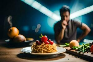 uma homem é sentado às uma mesa com uma prato do Comida. gerado por IA foto