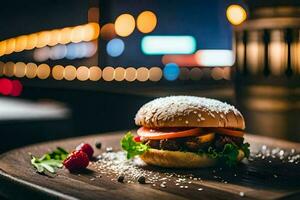 uma Hamburger sentado em uma de madeira mesa com uma cidade Horizonte dentro a fundo. gerado por IA foto