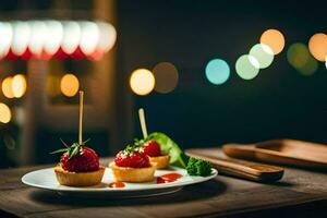 pequeno morangos em uma prato com palitos de dente. gerado por IA foto