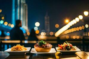 três pratos do Comida em uma mesa dentro frente do uma cidade Horizonte. gerado por IA foto