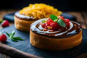 dois pequeno bolos com chocolate e fruta em uma Preto ardósia. gerado por IA foto