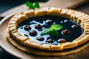 uma sobremesa com chocolate e nozes em uma de madeira placa. gerado por IA foto