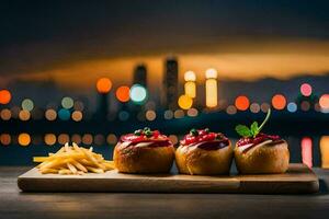 Comida em uma de madeira borda com cidade luzes dentro a fundo. gerado por IA foto