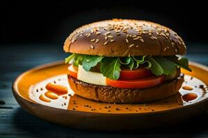 uma Hamburger com queijo, tomates e alface em uma placa. gerado por IA foto