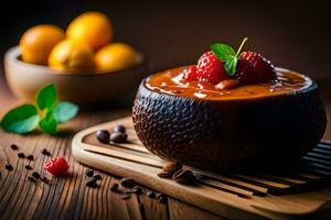 chocolate pudim com morangos e café feijões em uma de madeira mesa. gerado por IA foto