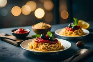 espaguete com tomate molho e azeitonas em uma placa. gerado por IA foto