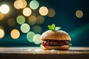 Hamburger em uma de madeira mesa com bokeh luzes. gerado por IA foto