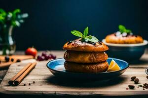 uma pilha do rosquinhas em uma prato com especiarias e ervas. gerado por IA foto