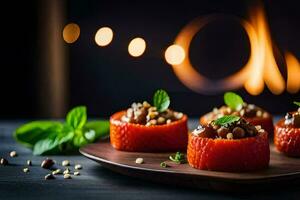 pequeno recheado tomates em uma prato com ervas. gerado por IA foto