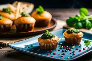 bolos de copo com pesto em uma azul placa. gerado por IA foto