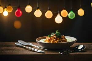 uma tigela do espaguete com almôndegas e uma colher em uma de madeira mesa dentro frente do Natal. gerado por IA foto