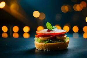 uma pequeno sanduíche com alface e tomate em uma Sombrio mesa. gerado por IA foto