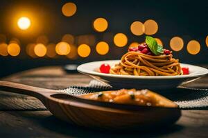 espaguete com cereja molho e uma de madeira colher em uma de madeira mesa. gerado por IA foto