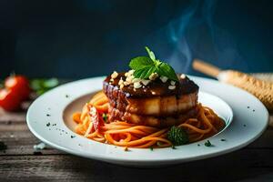 uma prato do Comida com carne e legumes. gerado por IA foto