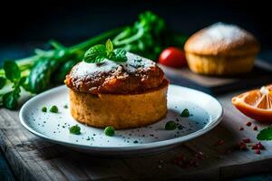 uma bolinho em uma prato com legumes. gerado por IA foto