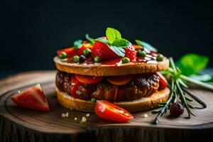uma Hamburger com tomates e ervas em uma de madeira borda. gerado por IA foto