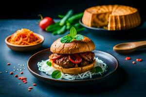 uma hamburguer com legumes e pão em uma placa. gerado por IA foto