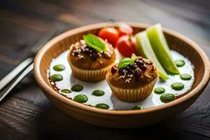 uma tigela do Comida com dois bolos e legumes. gerado por IA foto