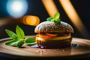 uma hamburguer com queijo, tomate e hortelã em uma de madeira placa. gerado por IA foto