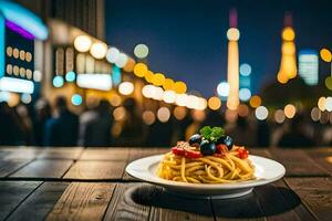 espaguete com tomate e amoras em uma placa. gerado por IA foto