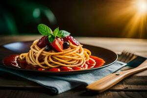 espaguete com tomate molho e fresco bagas em uma placa. gerado por IA foto