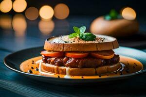 uma sanduíche com carne e tomates em uma placa. gerado por IA foto