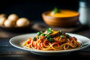 espaguete com frango e legumes em uma placa. gerado por IA foto