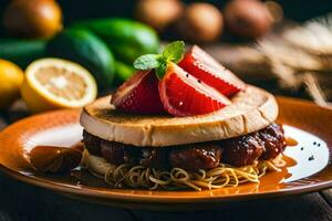 uma sanduíche com carne, Macarrão e morangos. gerado por IA foto