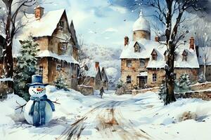 aguarela conto de fadas Natal panorama com bonecos de neve em a fundo do elegante casas e uma inverno floresta. ai arte foto