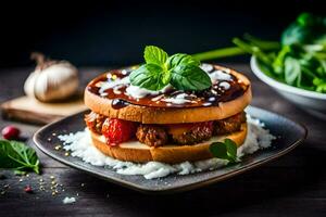 uma sanduíche com carne e legumes em uma placa. gerado por IA foto