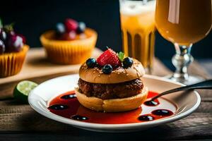 uma Hamburger em uma prato com uma vidro do cerveja. gerado por IA foto