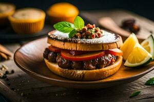 uma Hamburger com legumes e uma fatia do limão. gerado por IA foto