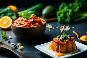 uma prato do Comida com legumes e especiarias. gerado por IA foto