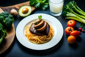 uma prato do espaguete com carne, legumes e uma vidro do leite. gerado por IA foto