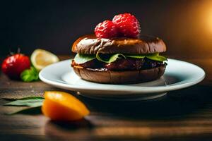 uma hamburguer com bagas e uma fatia do limão. gerado por IA foto