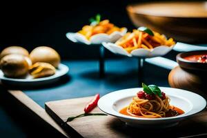 espaguete e almôndegas dentro uma tigela em uma mesa. gerado por IA foto