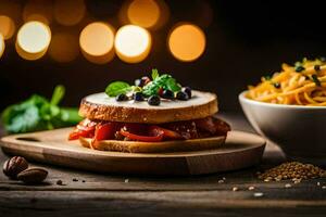 uma sanduíche com carne e legumes em uma de madeira borda. gerado por IA foto