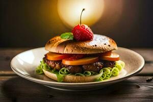 uma Hamburger com carne, queijo e uma cereja em topo. gerado por IA foto