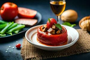 uma tomate prato com carne e legumes em uma placa. gerado por IA foto