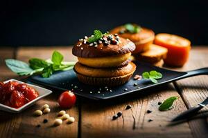 uma prato com uma bolinho e alguns legumes. gerado por IA foto