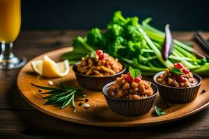 três pequeno taças do Comida com legumes e uma vidro do laranja suco. gerado por IA foto