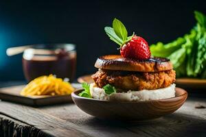 uma frango hamburguer com uma morango em topo. gerado por IA foto