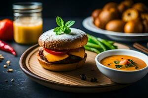 uma hamburguer com queijo, tomate e verde feijões em uma placa. gerado por IA foto