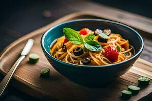 uma tigela do massa com tomates e manjericão folhas. gerado por IA foto